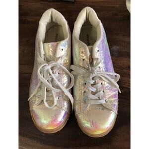 Misbehave Womens Chunky Platform Shoes Sz 7.5 White Iridescent Lace Up